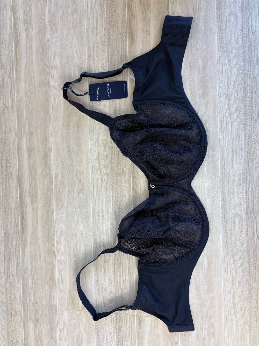 NWT Fantasie Navy Blue Lace Underwire Sheer Lace Bra US Size 32K Side Support